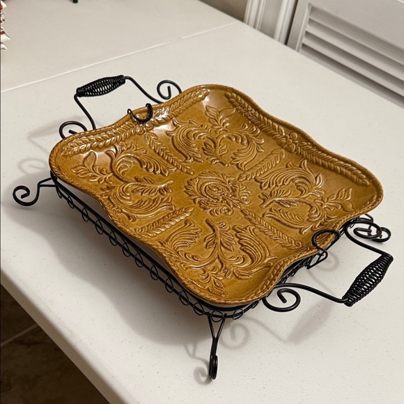 Ornate Square Ceramic Dish with Metal Stand - Picture 3 of 5